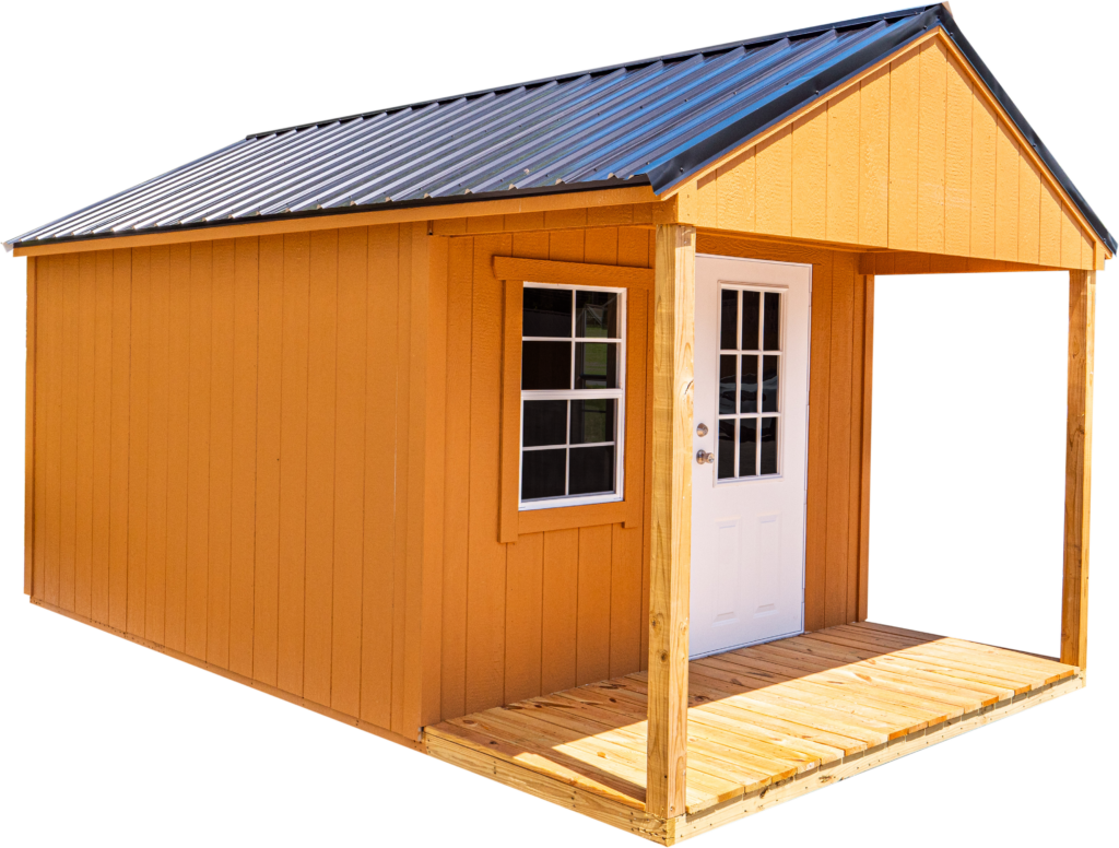 The Shedmax Front Porch Shed with Black Metal Roof.