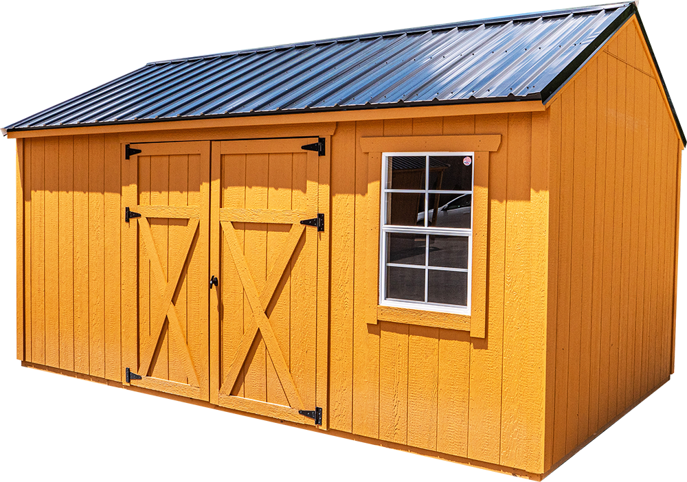 The Shedmax Garden Barn with a Black Metal Roof, Barn-style doors, and a window.