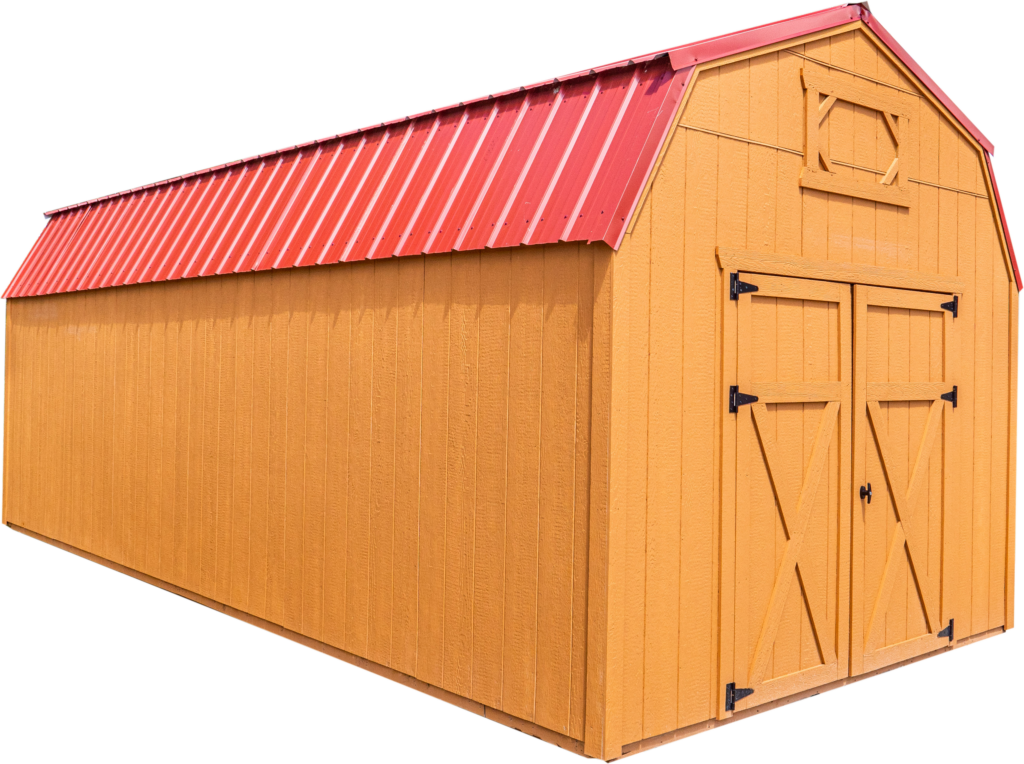 The Shedmax Lofted Barn with a red metal roof.