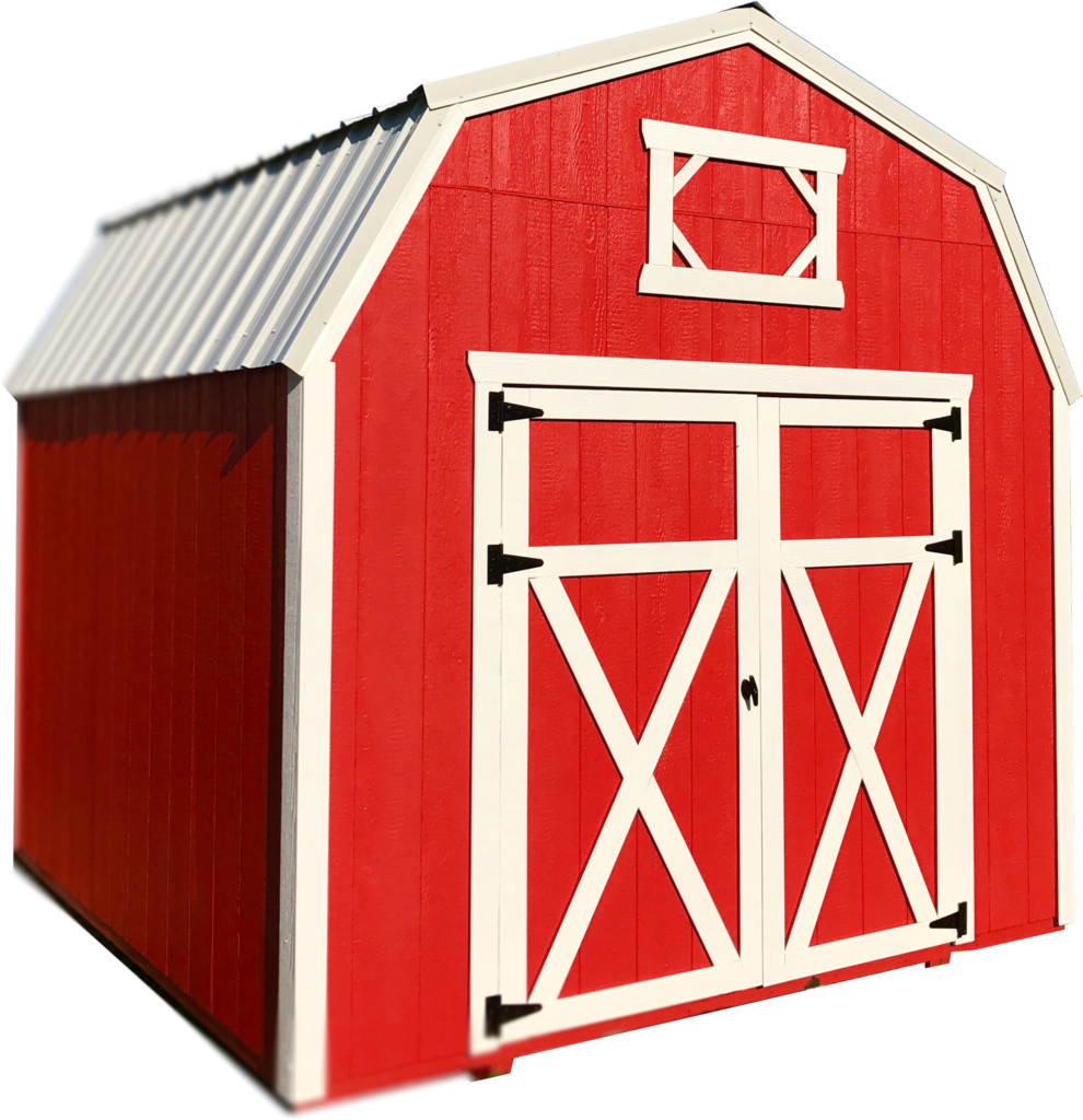 The Shedmax Lofted Barn with Red siding, white accents, and a white metal roof.