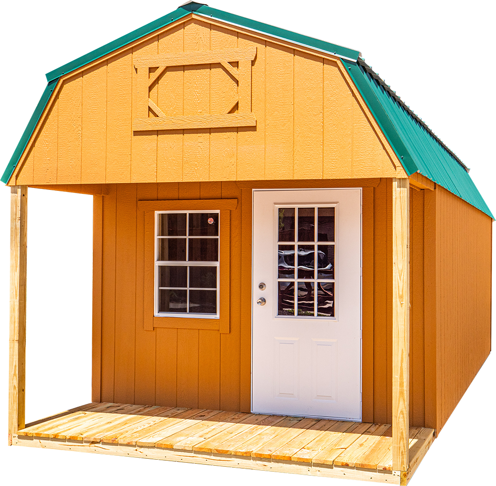 The Shedmax Lofted Front Porch Shed with a Green Metal roof, white front door, and window.